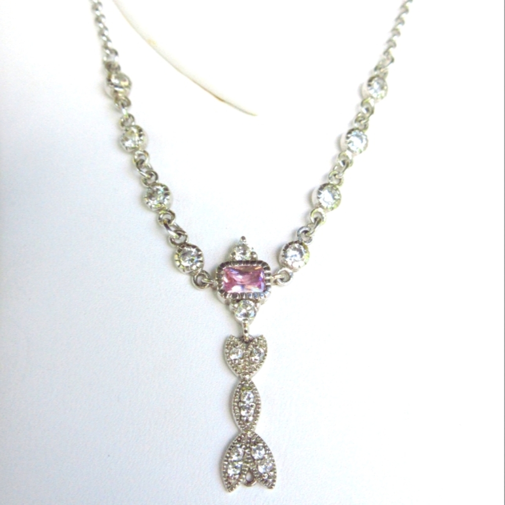 Pink & White Cubic Zirconia Sterling Silver Cocktail Necklace 16" - 18"